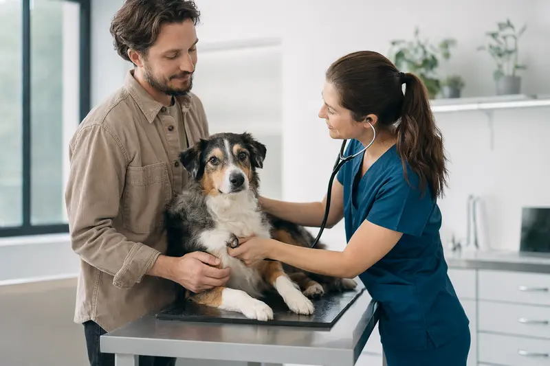 Ein Mountain Collie wird von einer Tierärztin mit einem Stethoskop in einer modernen Praxis untersucht.