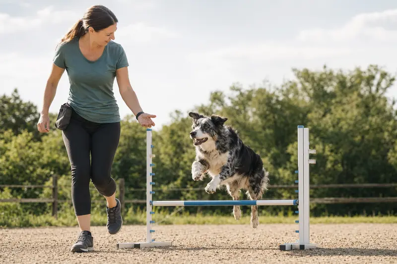 Ein Mountain Collie trainiert mit seinem Besitzer auf einem Hundeplatz über eine kleine Hürde und zeigt dabei Freude an der Bewegung.