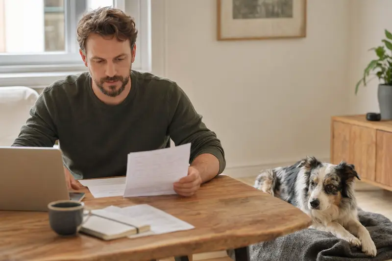 Ein Hundebesitzer sitzt mit einer Tierarztrechnung am Tisch, während sein entspannter Mountain Collie auf einer Decke daneben liegt und das Thema Tierarztkosten sowie Versicherung ruhig vermittelt.
