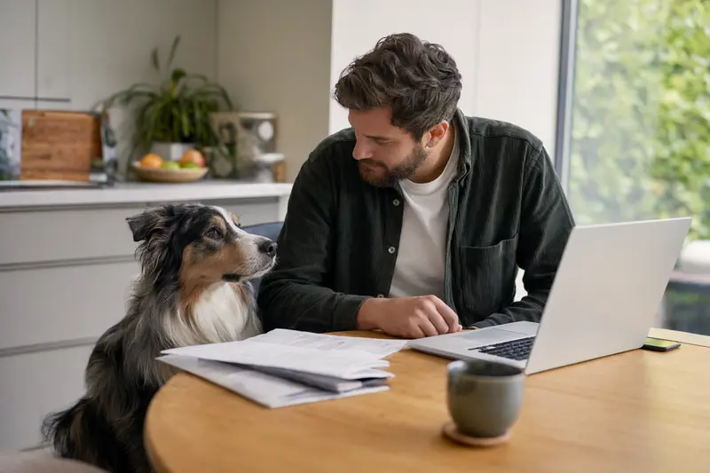 Ein Mountain Collie sitzt ruhig neben seinem Besitzer am Küchentisch, während Versicherungsunterlagen und ein Laptop mit einer Vergleichsseite bereitliegen.
