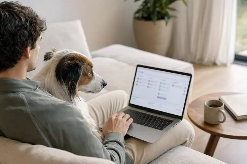 Ein Hundebesitzer arbeitet an seinem Laptop, während sein Mountain Collie neben ihm auf dem Sofa sitzt, ideal für die Entscheidungsfindung über Tierversicherungen.