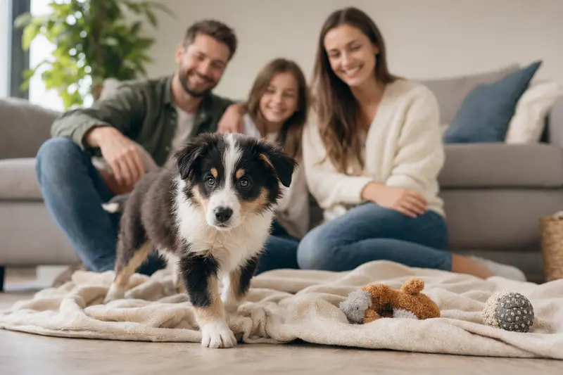 Ein neugieriger Mountain Collie Welpe entdeckt sein neues Zuhause mit einer liebevollen Familie im Hintergrund.