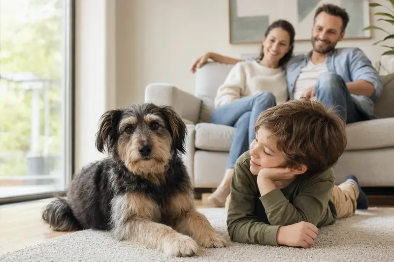 Ein freundlicher Mucuchies Hund liegt entspannt neben einem Kind im Wohnzimmer in einer familiären Umgebung.