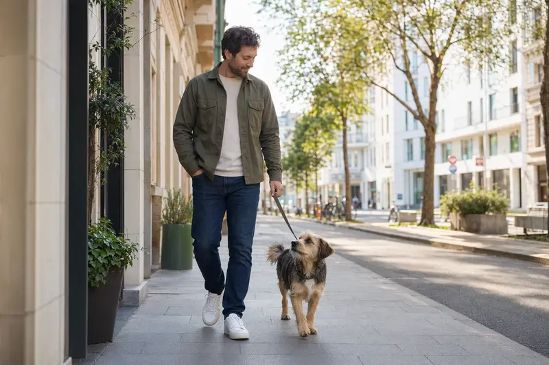 Ein Mucuchies Hund läuft an der Leine mit seinem Besitzer durch eine freundliche moderne Stadtstraße.