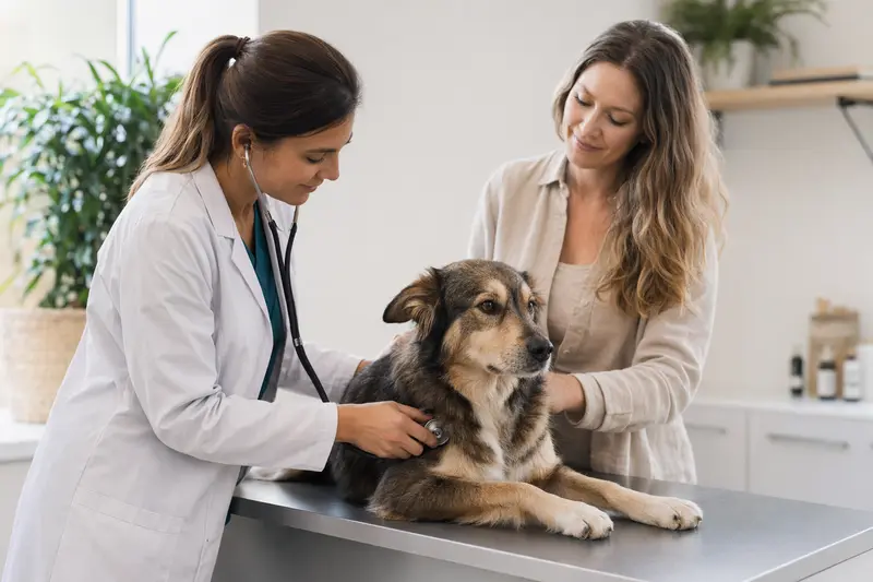 Eine freundliche Tierärztin untersucht einen ruhigen Mucuchies Hund auf einem modernen Untersuchungstisch.