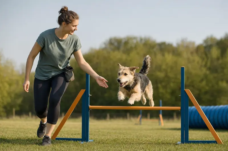 Ein Mucuchies Hund springt mit seinem Besitzer über eine kleine Trainingshürde auf einem sonnigen Hundeplatz.