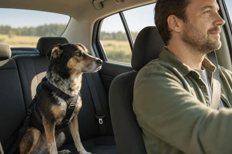 Ein Mucuchies Hund sitzt sicher angeschnallt auf der Rückbank eines Autos, während der Besitzer ruhig fährt.