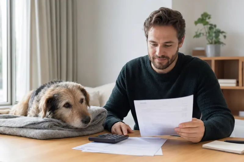 Ein Hundehalter sitzt mit einer Tierarztrechnung am Tisch, während ein entspannter Mucuchies Hund auf einer Decke liegt und das Thema Hundekrankenversicherung im Alltag veranschaulicht.