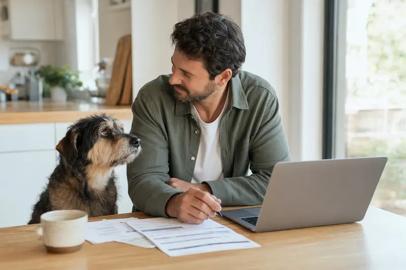 Ein Mucuchies Hund sitzt ruhig neben seinem Besitzer am Küchentisch, während Versicherungsunterlagen und ein Laptop mit Vergleichsseite vor ihm liegen.