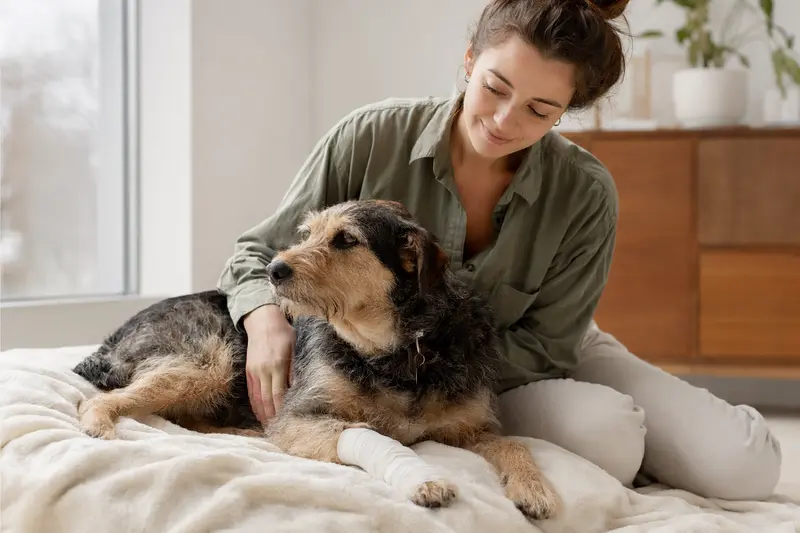 Ein Mucuchies-Hund mit leicht bandagierter Pfote liegt ruhig auf einer Decke, während sein Besitzer erleichtert neben ihm sitzt.