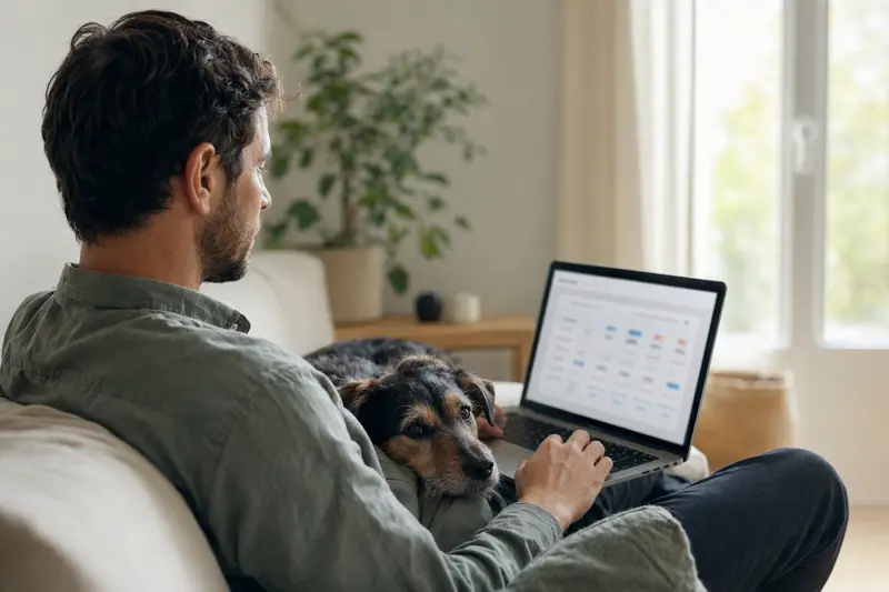 Besitzer mit Laptop auf dem Sofa, neben einem Mucuchies Hund, zeigt neutrale Versicherungsvergleichs-Oberfläche.