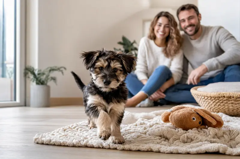 Ein neugieriger Mucuchies Welpe erkundet sein neues Zuhause mit einer weichen Decke und Spielzeug, während eine liebevolle Familie im Hintergrund zu sehen ist.