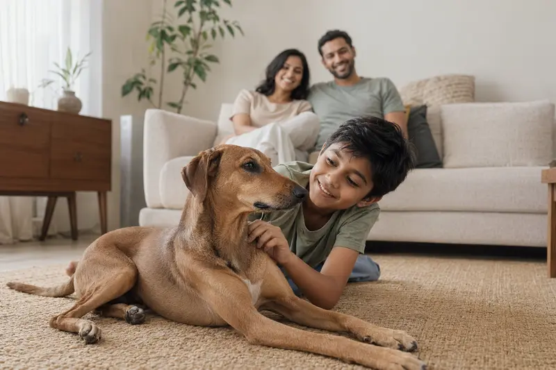 Ein freundlicher Mudhol Hound liegt entspannt neben einem Kind im Wohnzimmer und vermittelt eine sichere, vertraute Familienatmosphäre.