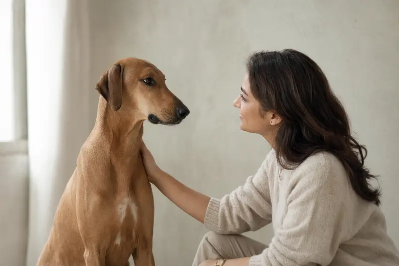 Ein aufmerksamer Mudhol Hound steht in natürlicher Haltung vor hellem Hintergrund und zeigt die typische Körperform der Rasse.