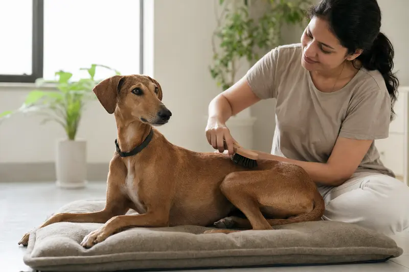 Ein Mudhol Hound wird in einer hellen Wohnung sanft gebürstet, während sein Besitzer die Fellpflege aufmerksam und liebevoll übernimmt.