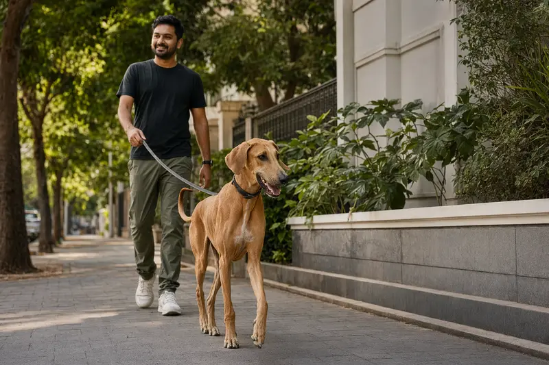 Ein Mudhol Hound läuft an der Leine mit seinem Besitzer durch eine moderne Stadtstraße.