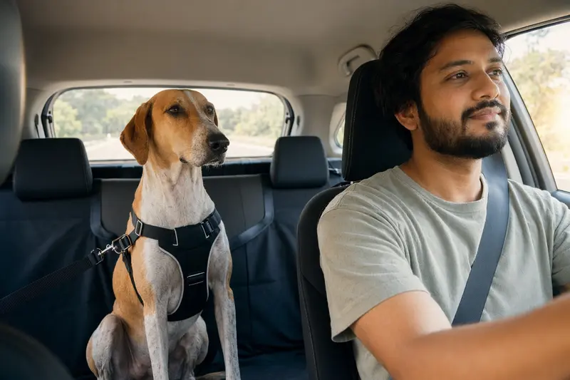 Ein Mudhol Hound sitzt sicher angeschnallt auf der Rückbank eines Autos, während der Besitzer ruhig fährt und Sonnenlicht durch das Fenster fällt.