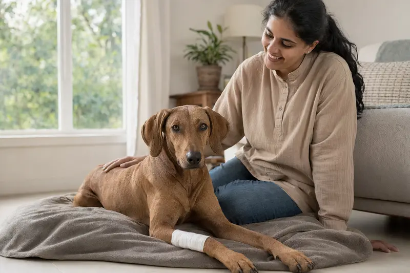 Ein Mudhol Hound mit leicht verbundenem Pfotenverband liegt ruhig auf einer Decke, während sein Besitzer neben ihm sitzt und erleichtert wirkt.