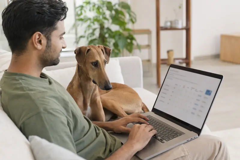 Besitzer mit Laptop auf dem Sofa neben einem Mudhol Hound, der die Entscheidung für eine Tierversicherung in einer ruhigen Wohnung trifft.