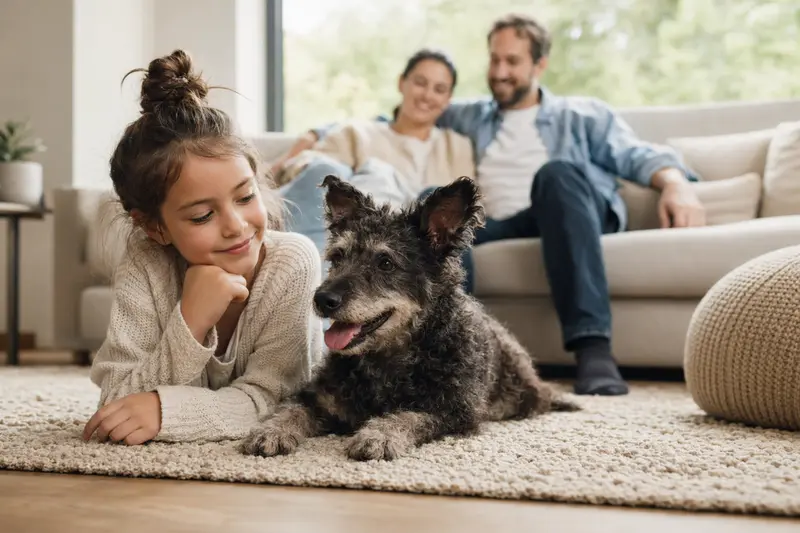 Ein freundlicher Mudi Hund liegt entspannt neben einem Kind im hellen Wohnzimmer, während die Eltern im Hintergrund für eine sichere Familienatmosphäre sorgen.