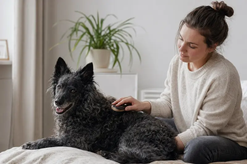 Ein Mudi Hund wird in einer hellen Wohnung sanft gebürstet, während sein Besitzer liebevoll die Fellpflege übernimmt.