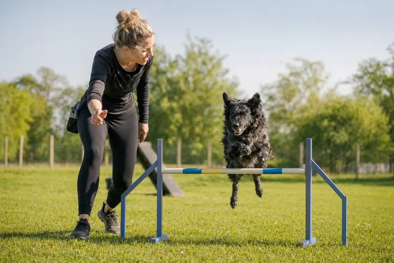 Ein Mudi Hund springt mit seinem Besitzer über eine kleine Trainingshürde auf dem Hundeplatz.
