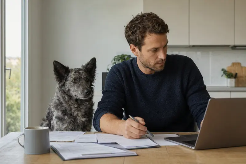 Mudi Hund sitzt ruhig neben seinem Besitzer am Küchentisch mit Versicherungsunterlagen und einem Laptop zur Tierkrankenversicherung.