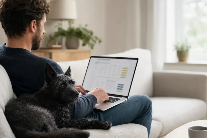 Eine Person sitzt entspannt auf dem Sofa mit einem Mudi Hund neben sich und betrachtet Versicherungsoptionen auf ihrem Laptop.