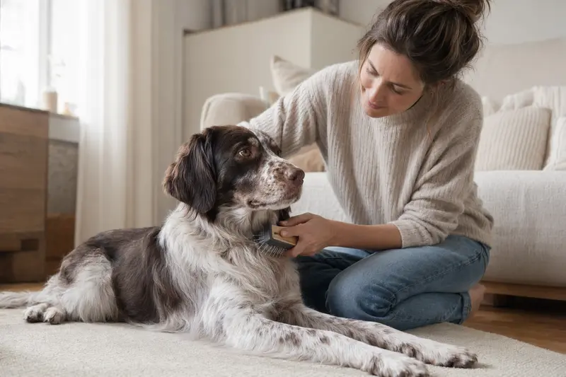 Ein Münsterländer Hund wird in einer hellen Wohnung sanft gebürstet, während sein Besitzer liebevoll die Fellpflege übernimmt.