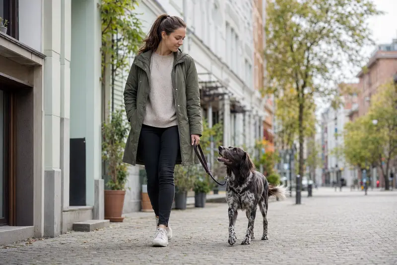 Ein Münsterländer Hund läuft an der Leine mit seinem Besitzer durch eine moderne Stadtstraße.