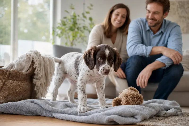Ein neugieriger Münsterländer Welpe erforscht sein gemütliches Zuhause mit Spielzeug und einer liebevollen Familie im Hintergrund.