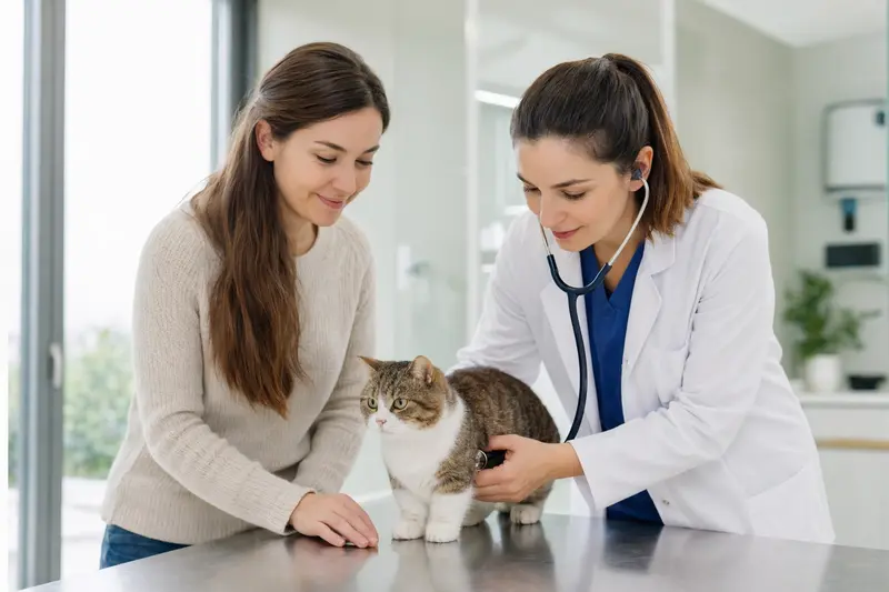 Eine ruhige Munchkin Kurzhaar Katze wird behutsam von einer freundlichen Tierärztin mit einem Stethoskop untersucht.