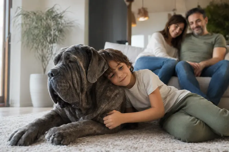 Ein freundlicher Napoletano Hund liegt entspannt neben einem Kind im hellen Wohnzimmer einer Familie.