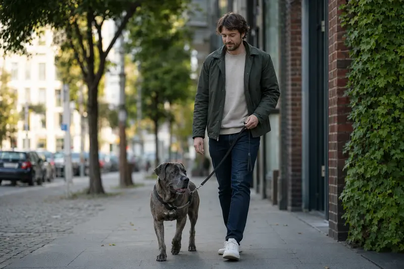 Ein Napoletano Hund läuft entspannt an der Leine mit seinem Besitzer durch eine moderne Stadtstraße.