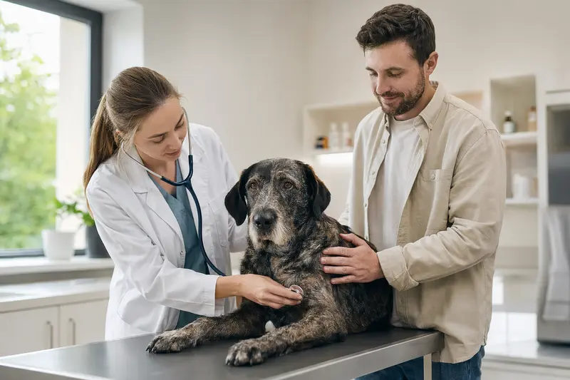Ein ruhiger Napoletano Hund wird von einer freundlichen Tierärztin mit einem Stethoskop in einer modernen Tierarztpraxis untersucht, während sein Besitzer beruhigend danebensteht.