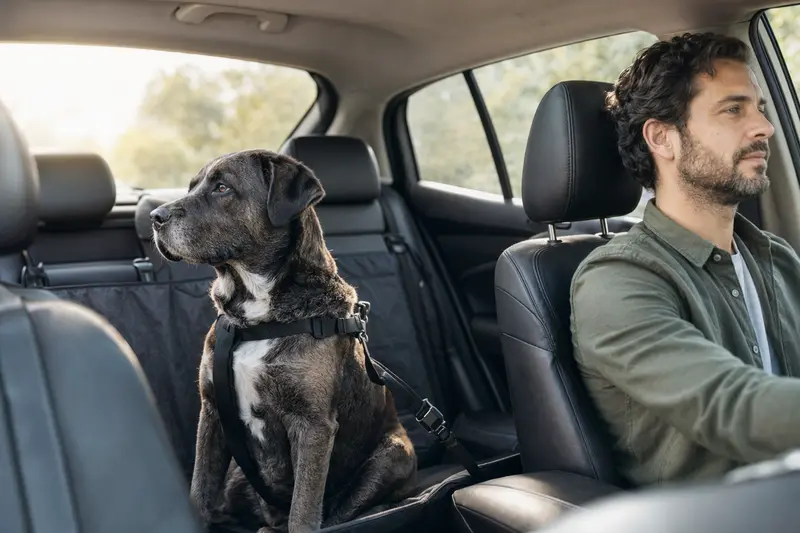 Ein Napoletano-Hund sitzt sicher angeschnallt auf der Rückbank eines Autos, während sein Besitzer ruhig fährt.