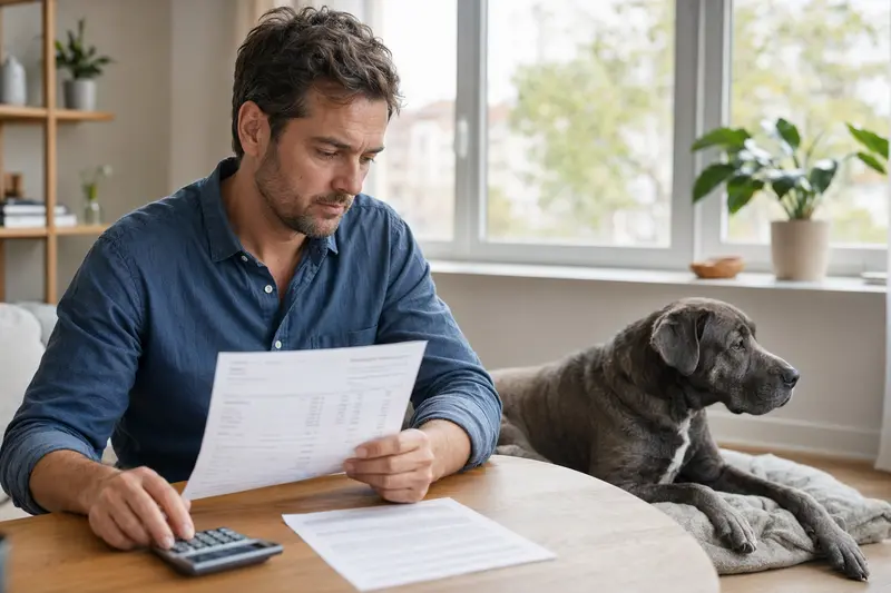 Ein Hundehalter sitzt mit einer Tierarztrechnung am Tisch, während ein entspannter Napoletano-Hund auf einer Decke liegt – ein realistisches Bild zum Thema Hundekrankenversicherung.