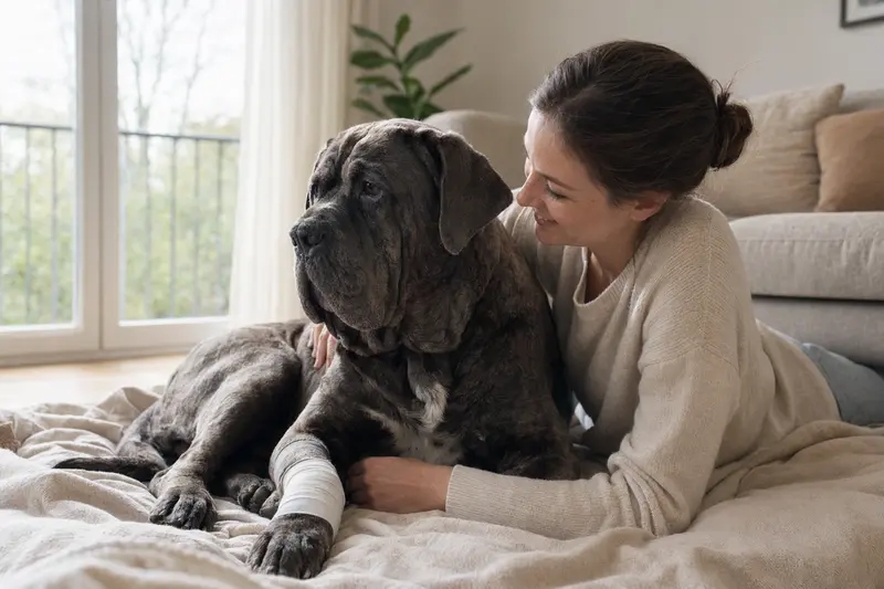 Ein Napoletano Hund mit leichtem Verband an der Pfote liegt ruhig auf einer Decke, während sein Besitzer erleichtert neben ihm sitzt.