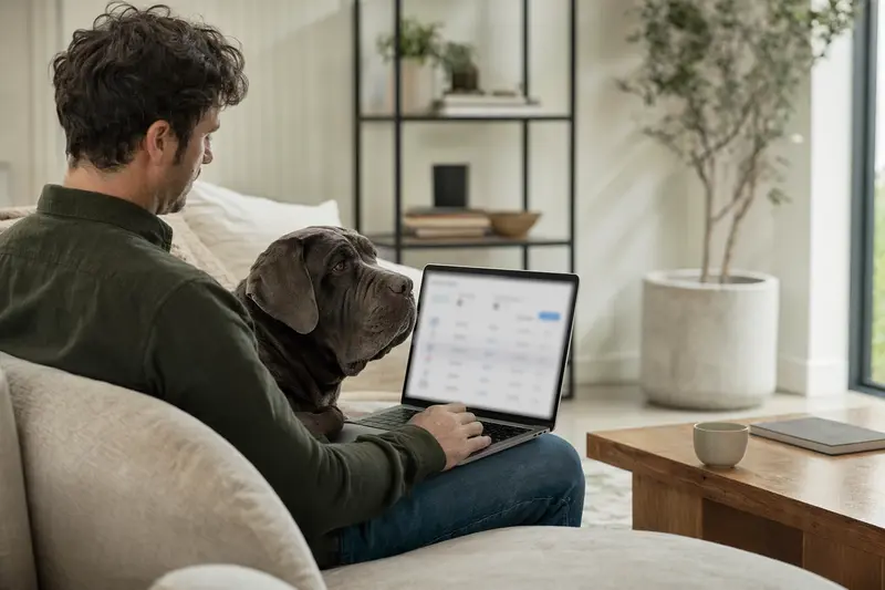 Ein Hundebesitzer arbeitet am Laptop auf dem Sofa, während sein Napoletano Hund entspannt daneben liegt und eine Versicherungsvergleichs-Oberfläche auf dem Bildschirm zeigt.