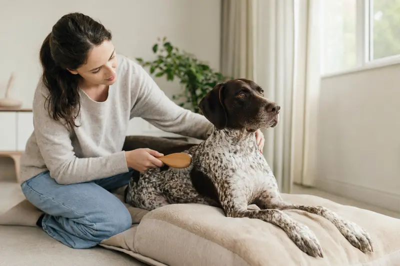 Ein Navarro Pointer Hund wird in einer hellen Wohnung liebevoll gebürstet und gepflegt.