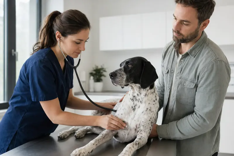 Ein ruhiger Navarro Pointer Hund wird von einer Tierärztin mit Stethoskop in einer modernen Tierarztpraxis untersucht.