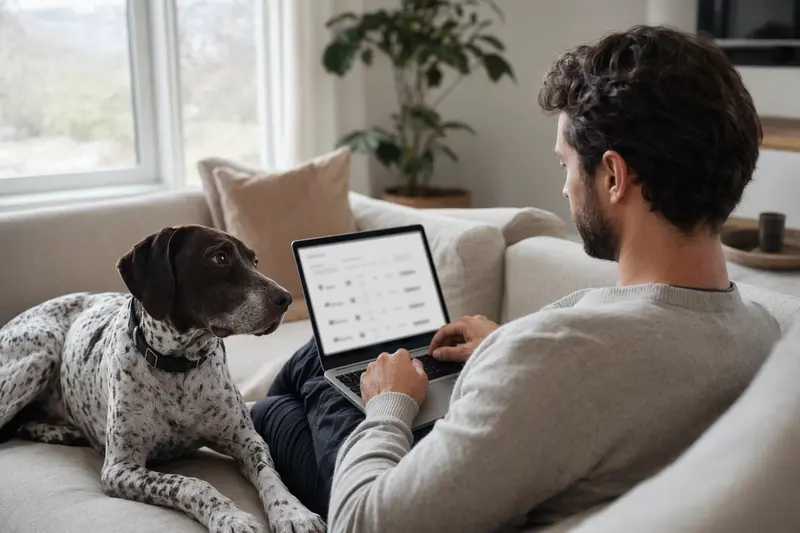 Ein Hundebesitzer sitzt mit einem Navarro Pointer auf dem Sofa und vergleicht Versicherungen auf seinem Laptop.