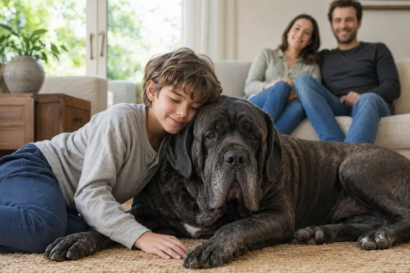 Ein freundlicher Neapolitanischer Mastiff liegt entspannt neben einem Kind im hellen Wohnzimmer einer sicheren Familie.