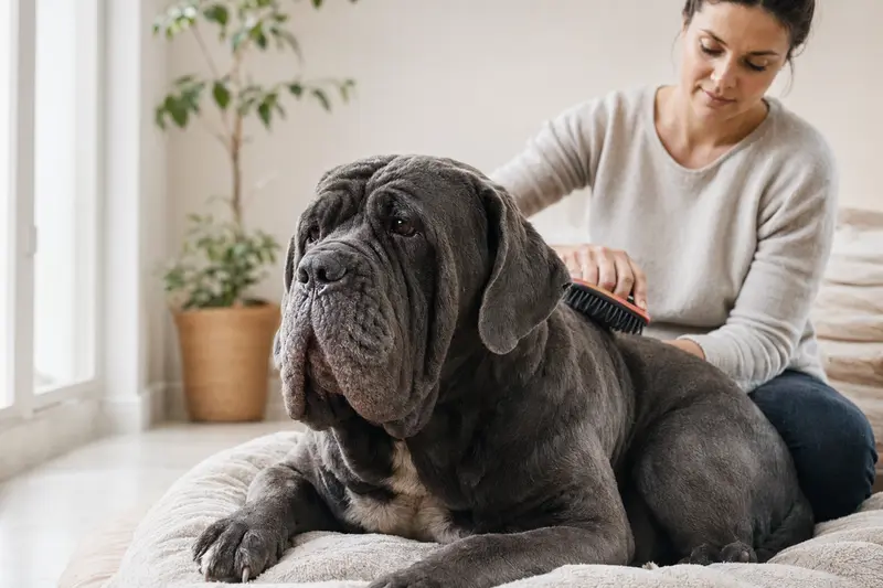 Ein Neapolitanischer Mastiff wird in einer hellen Wohnung von seinem Besitzer sanft gebürstet und gepflegt.