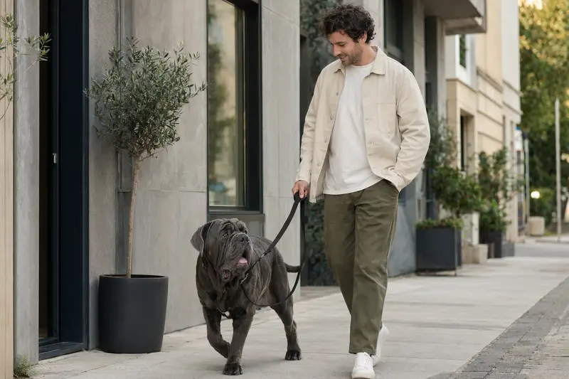 Ein Neapolitanischer Mastiff läuft entspannt an der Leine mit seinem Besitzer durch eine moderne Stadtstraße.