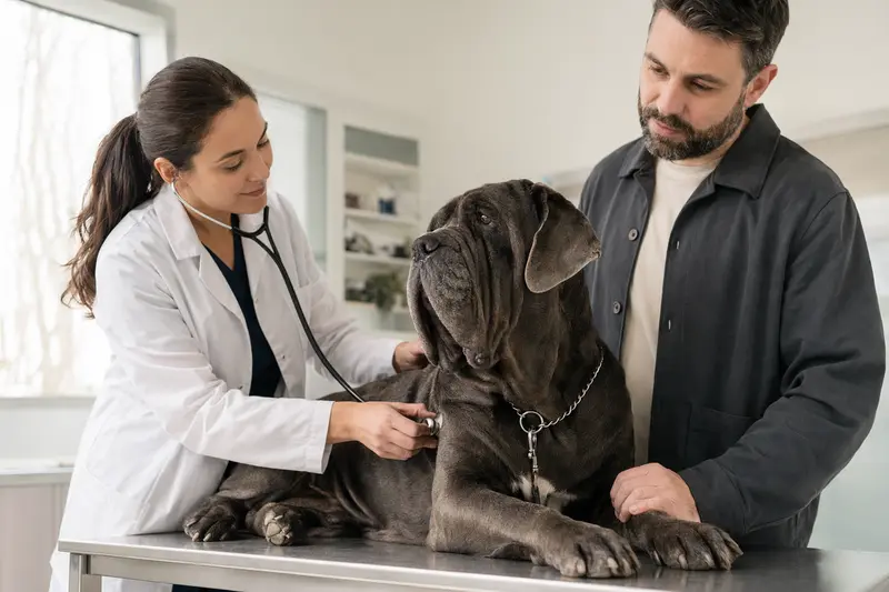 Eine Tierärztin untersucht einen ruhigen Neapolitanischen Mastiff mit dem Stethoskop, während der Besitzer in der modernen Tierarztpraxis beruhigend danebensteht.