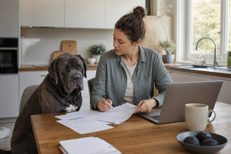Ein Neapolitanischer Mastiff sitzt ruhig neben seinem Besitzer am Küchentisch mit Versicherungsunterlagen und Laptop in einer hellen Wohnung.