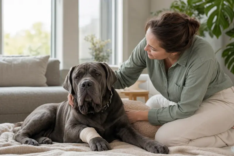 Neapolitanischer Mastiff mit leicht bandagierter Pfote liegt ruhig auf einer Decke, während sein Besitzer daneben erleichtert sitzt.