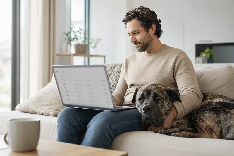 Ein Hundebesitzer arbeitet am Laptop auf dem Sofa, während ein Neapolitanischer Mastiff neben ihm sitzt.