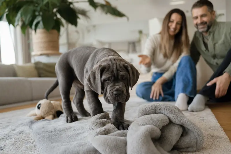 Ein junger Neapolitanischer Mastiff Welpe entdeckt neugierig sein neues Zuhause mit weicher Decke, Spielzeug und liebevoller Familie im Hintergrund.